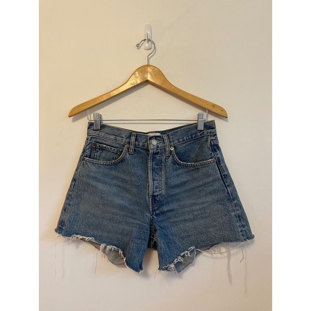 AGOLDE Parker Long High Rise Denim Jean Shorts in Medium Wash Blue | Size 25
